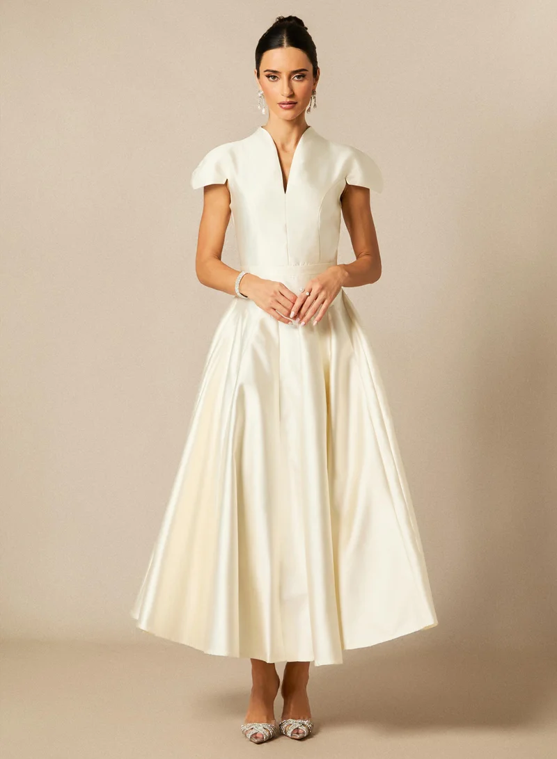 Tiana Cap Sleeve V-Neck Satin Midi Dress